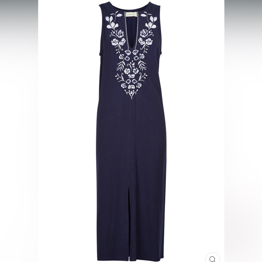 Isle of Mine embroidered navy rayon linen blend boho midi dress NWT M/L